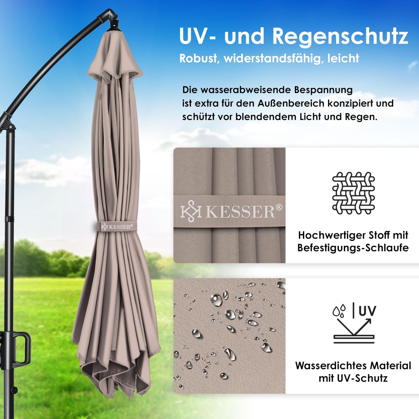 KESSER® Alu Ampelschirm Sonnenschirm + Abdeckung Ø350 cm & Kurbelvorrichtung Kurbelschirm mit Ständer UV-Schutz Aluminium Wasserabweisende Bespannung 360° Funktion Garten-Schirm Marktschirm Taupe