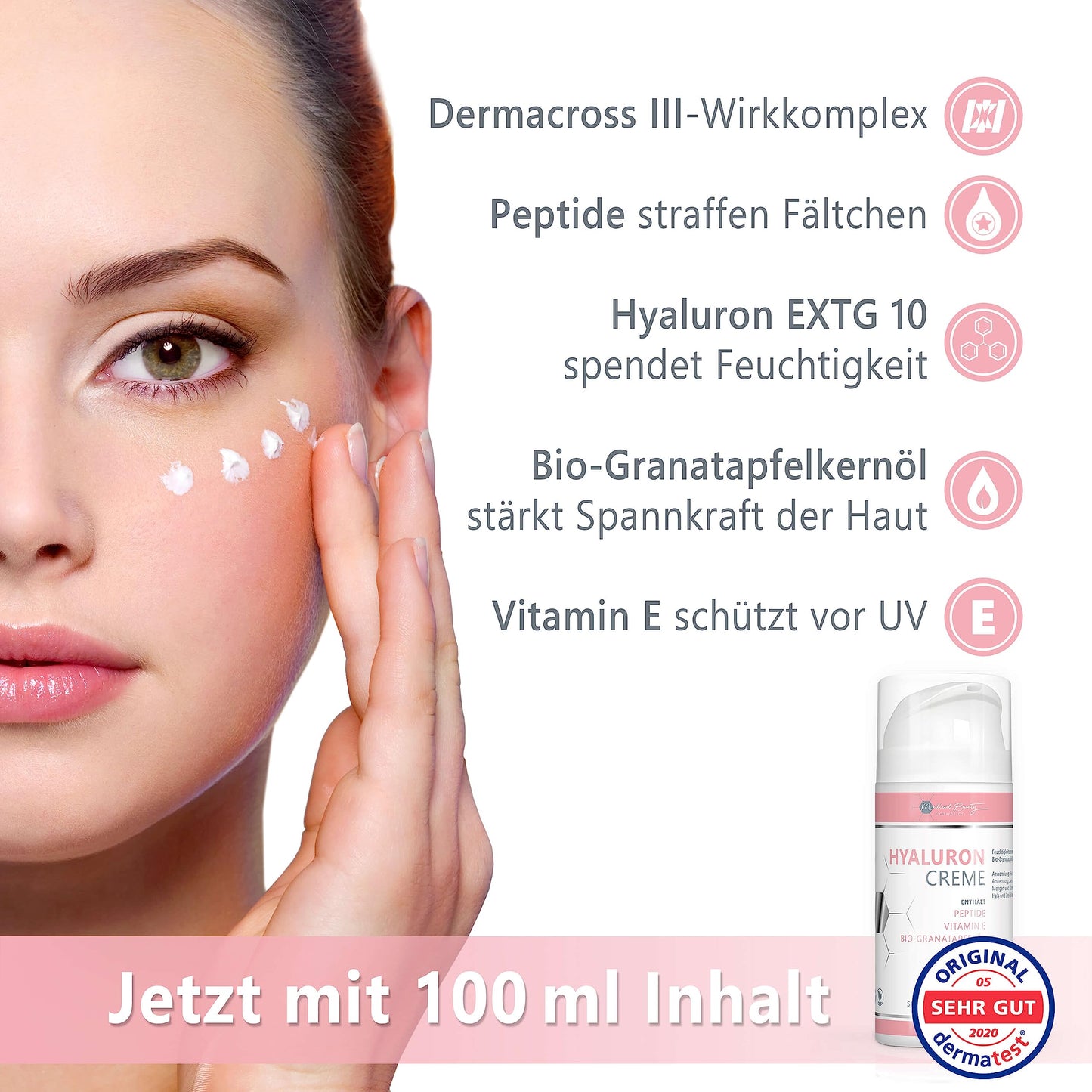 Medical Beauty Hyaluron Creme 100ml - mit Peptiden, Vitamin E und Bio-Granatapfelkern-Öl - vegane Anti-Aging Gesichtscreme für Augen, Hals, Dekolleté mit DermaCROSS III-Komplex