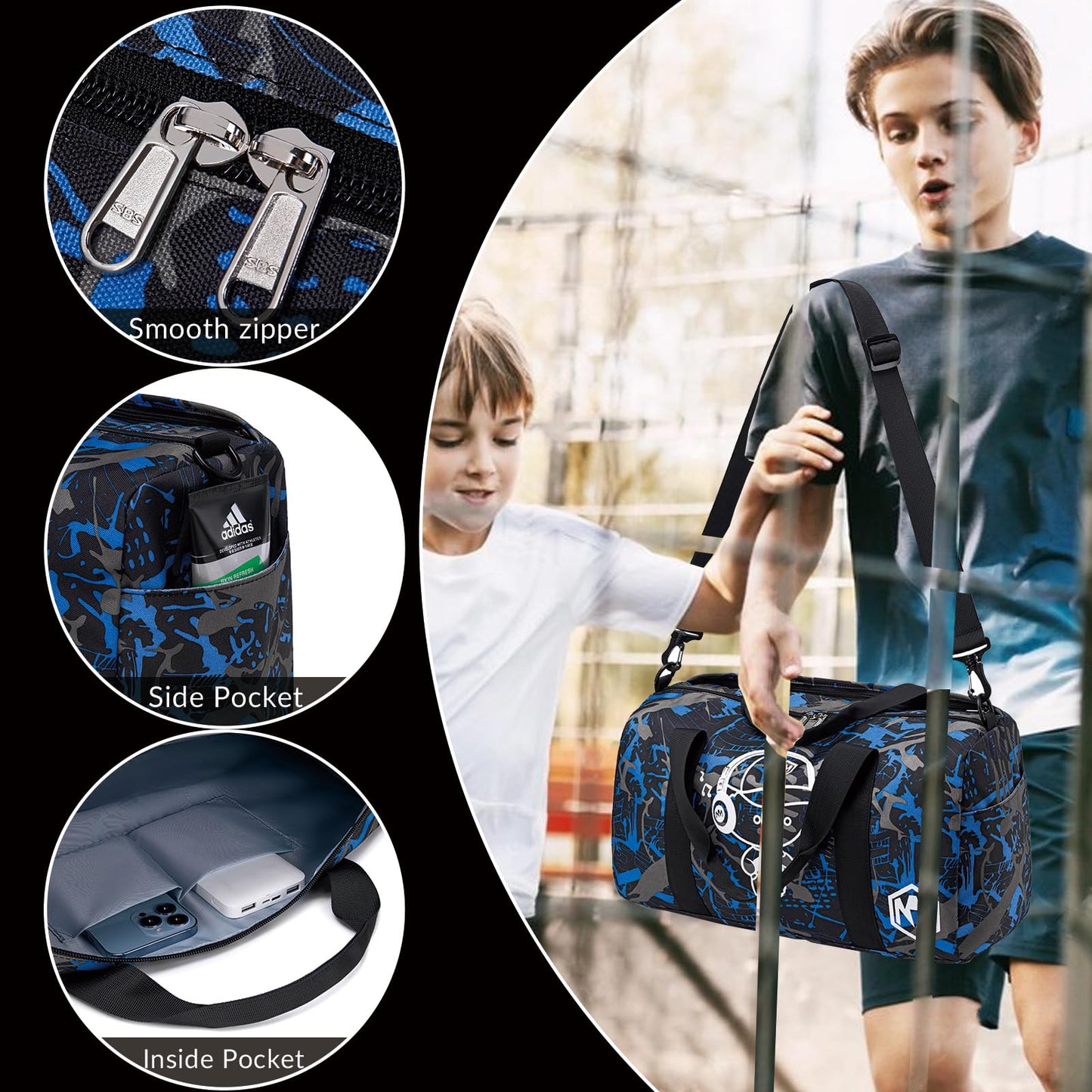 Sporttasche Kinder Schwimmtasche Jungen Damen mit Schuhfach und Nassfach Badetasche Teenager Kleine Reisetasche Fitnesstasche (Prinz Graffiti Blau)