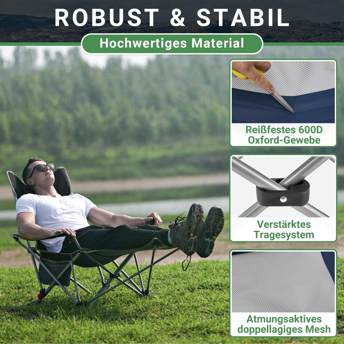 #WEJOY 2-in-1 Campingstuhl Faltbar, Strandstuhl mit Verstellbarer Rückenlehne & Fußstütze Angelstuhl Campingstühle für Erwachsene mit Wattepad Kissen Getränkehalter Armlehnentaschen Marine/Grau