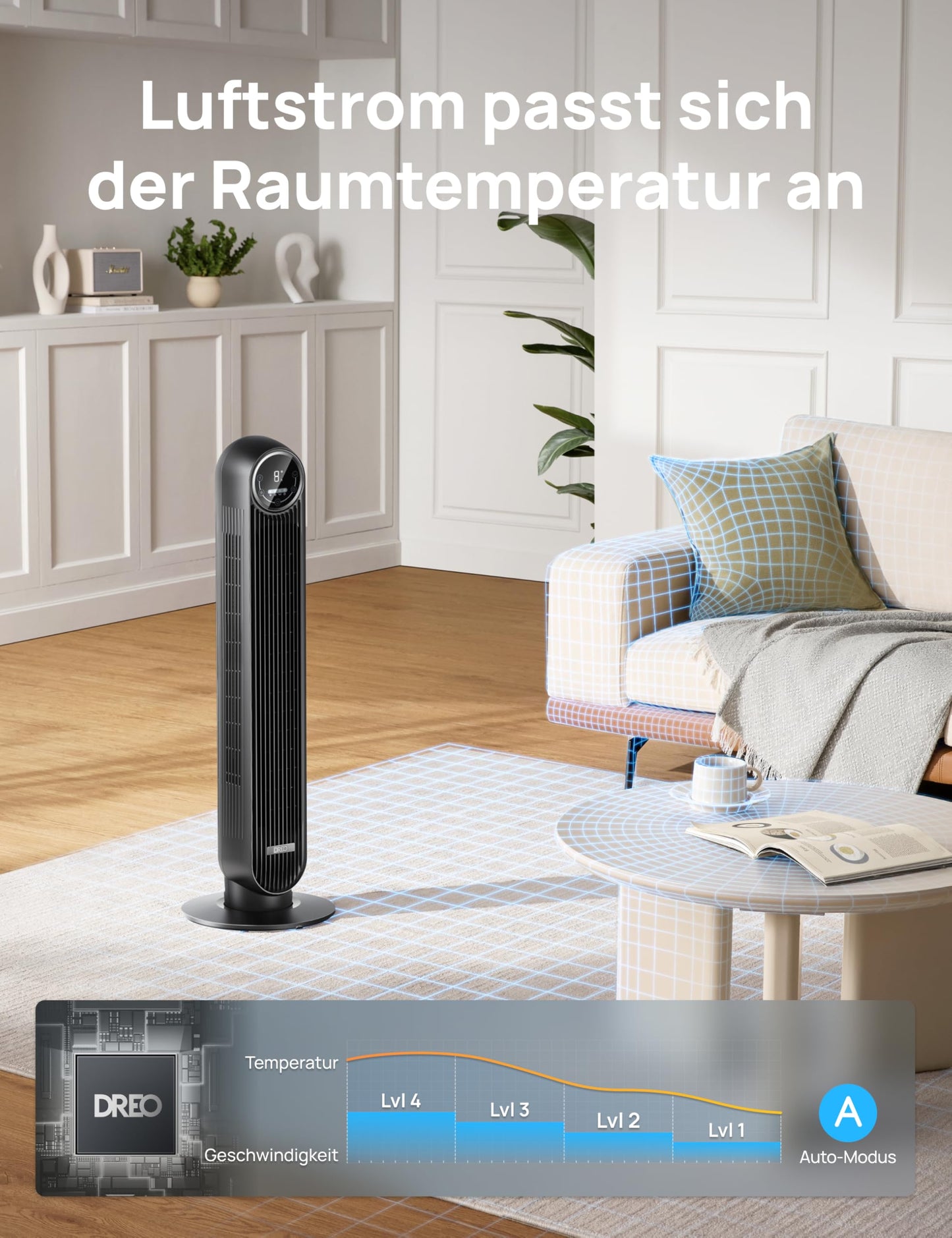 Dreo 20dB Leiser Turmventilator, 10 m Wurfweite 4 Geschwindigstufen 4 Modi 8 Std. Timer 90° oszillierende Ventilator mit Kühlung Fernbedienung für Schlafzimmer, Nomad One, Schwarz