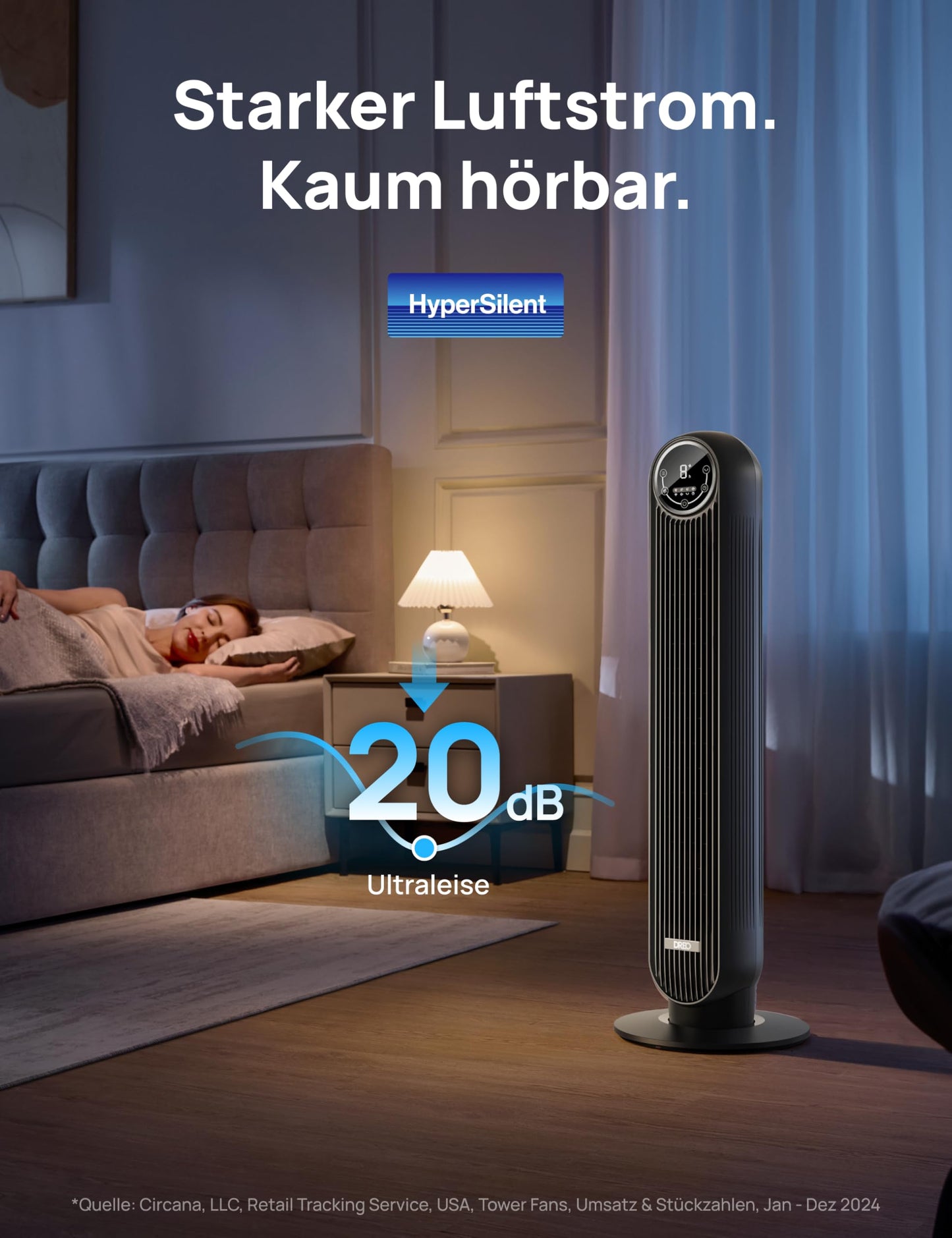 Dreo 20dB Leiser Turmventilator, 10 m Wurfweite 4 Geschwindigstufen 4 Modi 8 Std. Timer 90° oszillierende Ventilator mit Kühlung Fernbedienung für Schlafzimmer, Nomad One, Schwarz