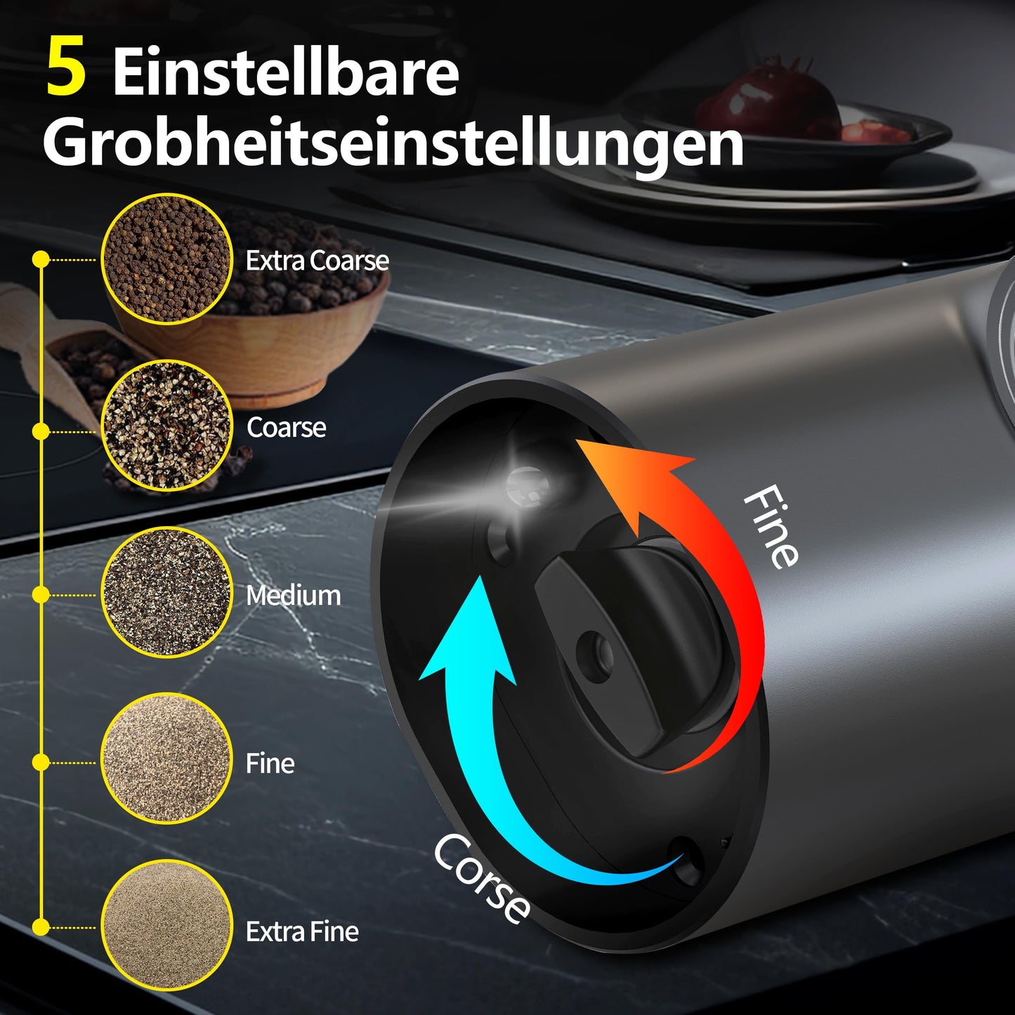 BGFOX Salz und Pfeffer Mühle Elektrisch 2er Set mit einstellbarem Keramik-Mahlwerk von grob bis fein, Gewürzmühlenset Automatisch mit Basis LED-Licht Type-c Reinigungspinsel (2 Stück) (Schwarz-Weiß)