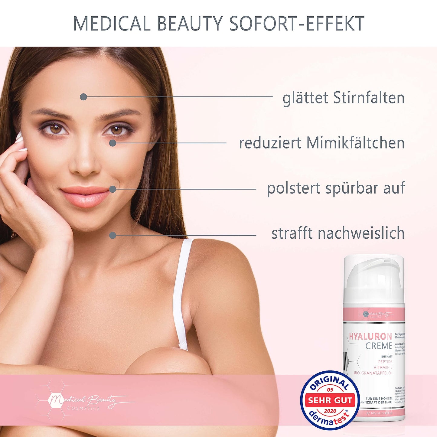 Medical Beauty Hyaluron Creme 100ml - mit Peptiden, Vitamin E und Bio-Granatapfelkern-Öl - vegane Anti-Aging Gesichtscreme für Augen, Hals, Dekolleté mit DermaCROSS III-Komplex