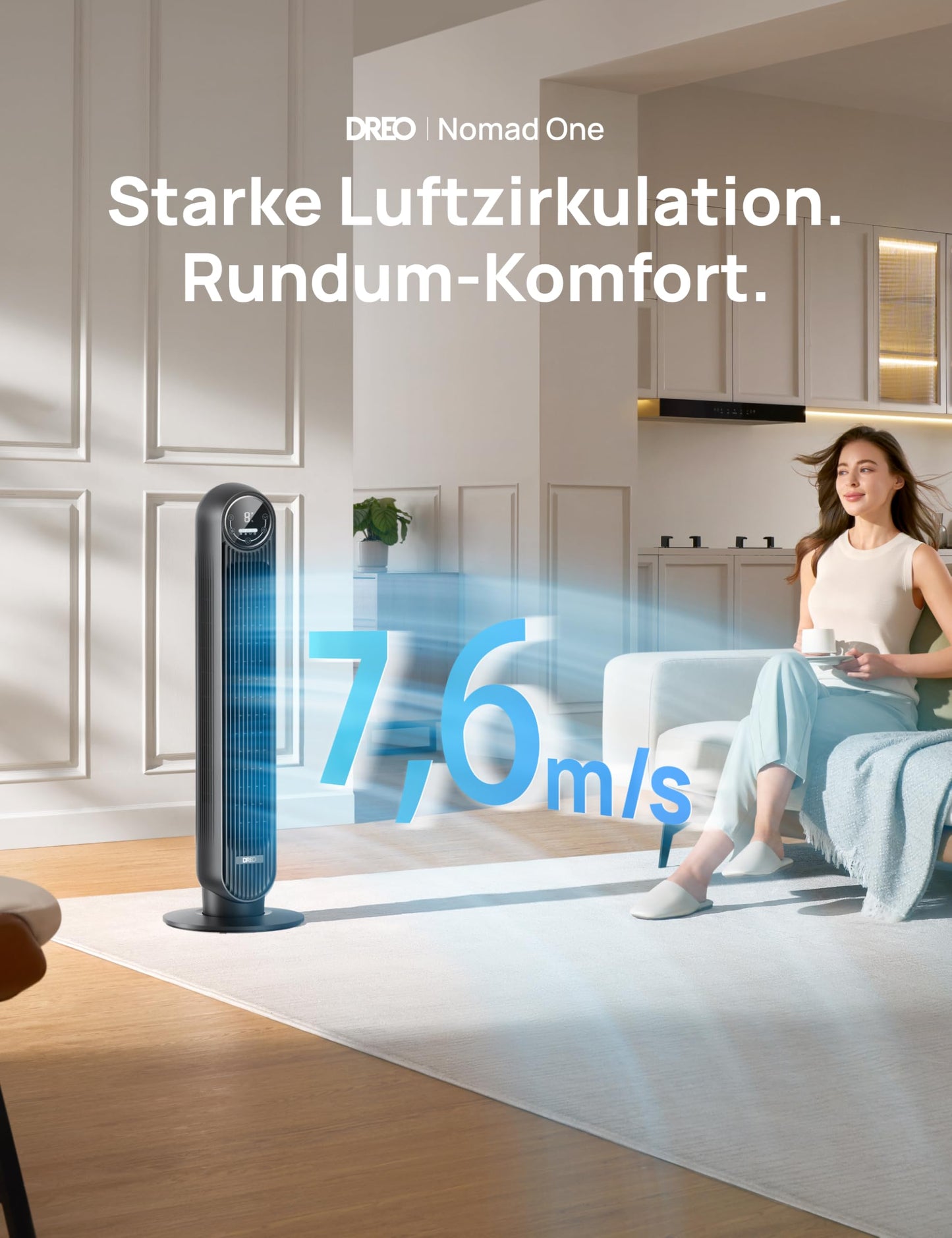 Dreo 20dB Leiser Turmventilator, 10 m Wurfweite 4 Geschwindigstufen 4 Modi 8 Std. Timer 90° oszillierende Ventilator mit Kühlung Fernbedienung für Schlafzimmer, Nomad One, Schwarz
