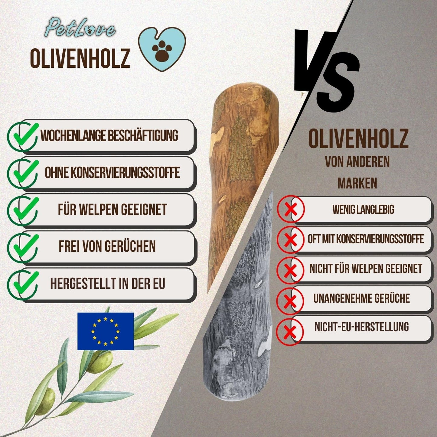 PetLove Kauholz für Hunde aus Olivenholz • Holzknochen als Hundespielzeug • Kauknochen als Zahnpflege & Kauspielzeug für Hund • Größe: S (60-99g) • Ideal für Welpen & kleine Hunde
