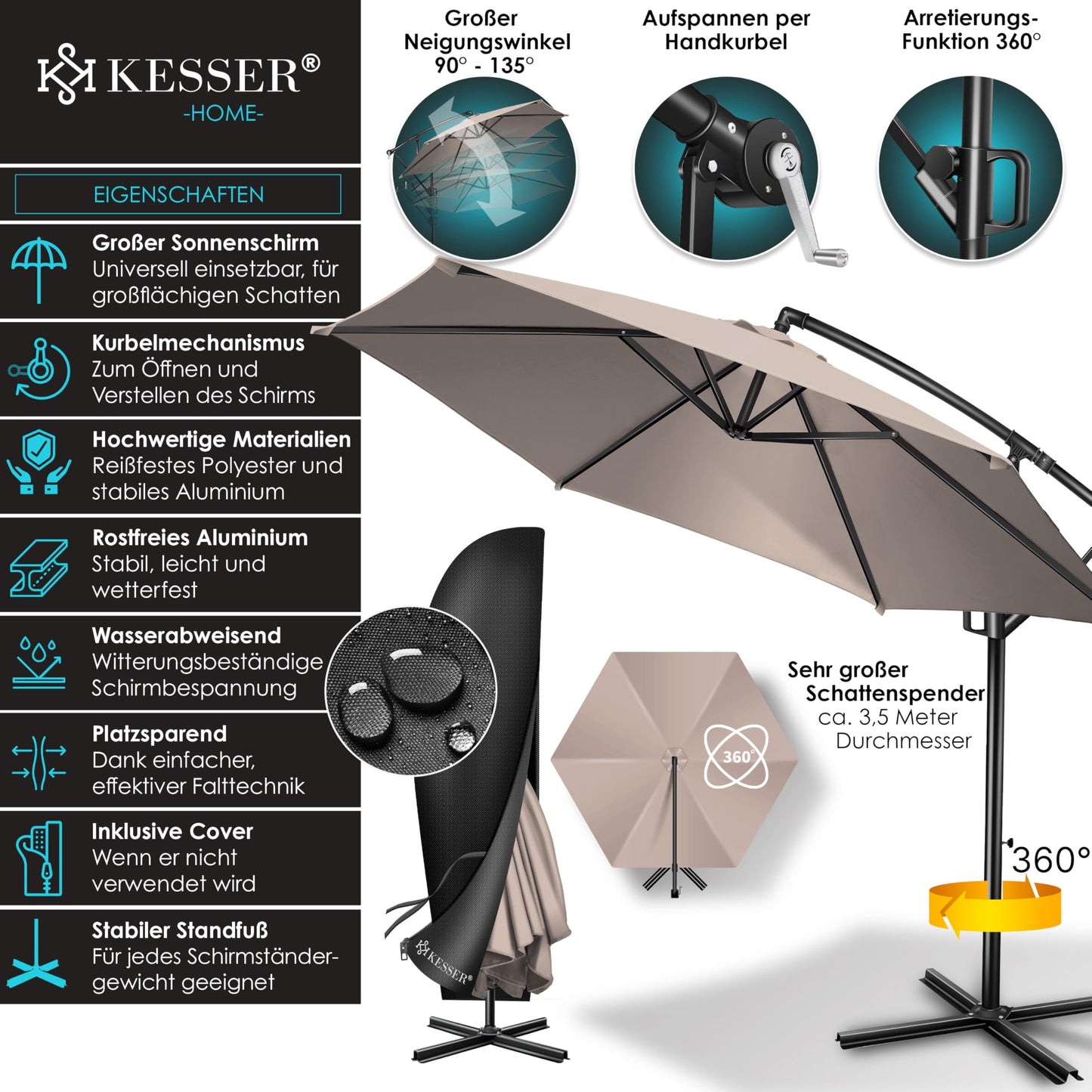 KESSER® Alu Ampelschirm Sonnenschirm + Abdeckung Ø350 cm & Kurbelvorrichtung Kurbelschirm mit Ständer UV-Schutz Aluminium Wasserabweisende Bespannung 360° Funktion Garten-Schirm Marktschirm Taupe