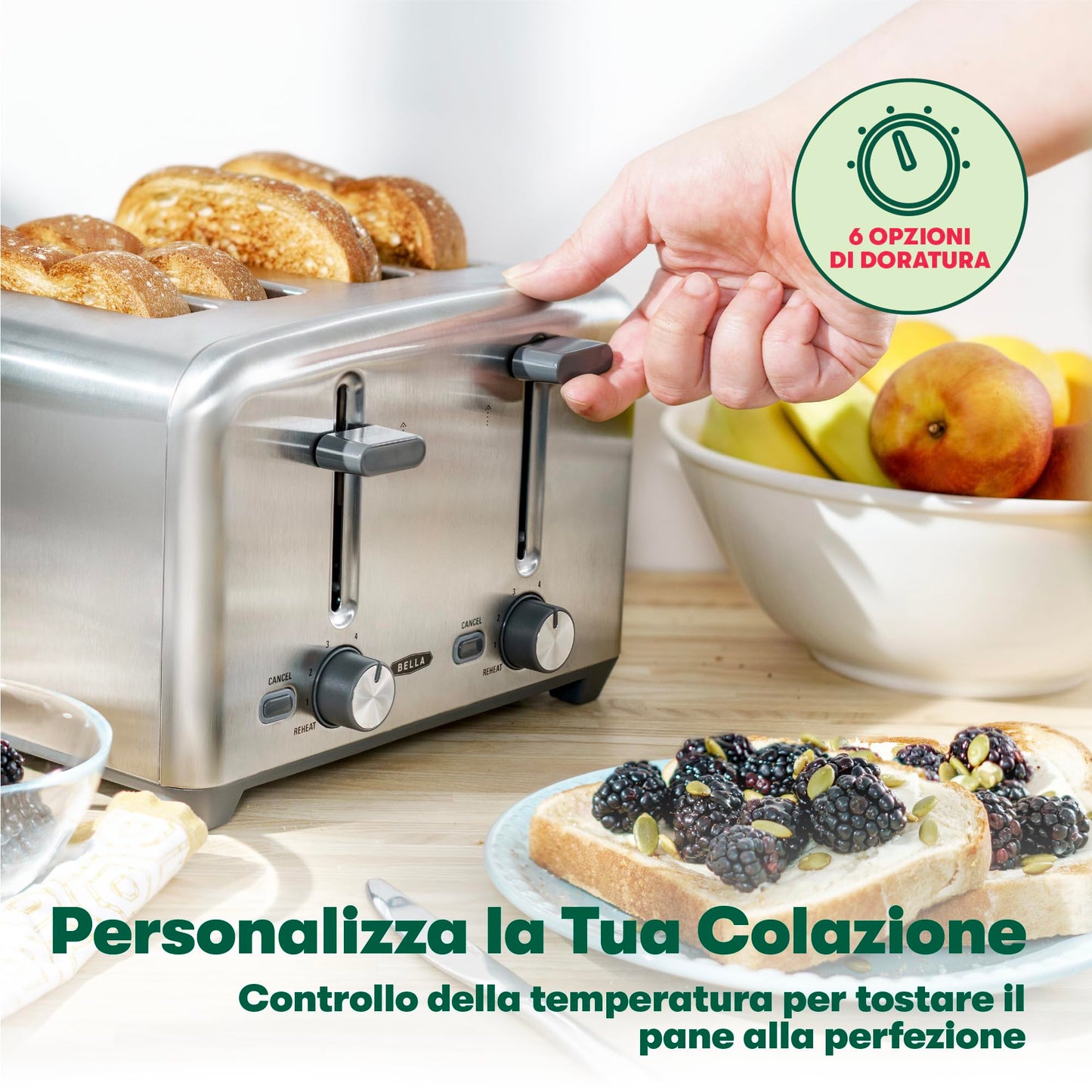 BELLA 4-Scheiben-Toaster mit extra breiten Toastschlitzen und herausnehmbarem Krümelfach – 6 Bräunungsstufen, Abschaltautomatik und Aufwärmfunktion – Toastbrot, Bagel und Waffeln