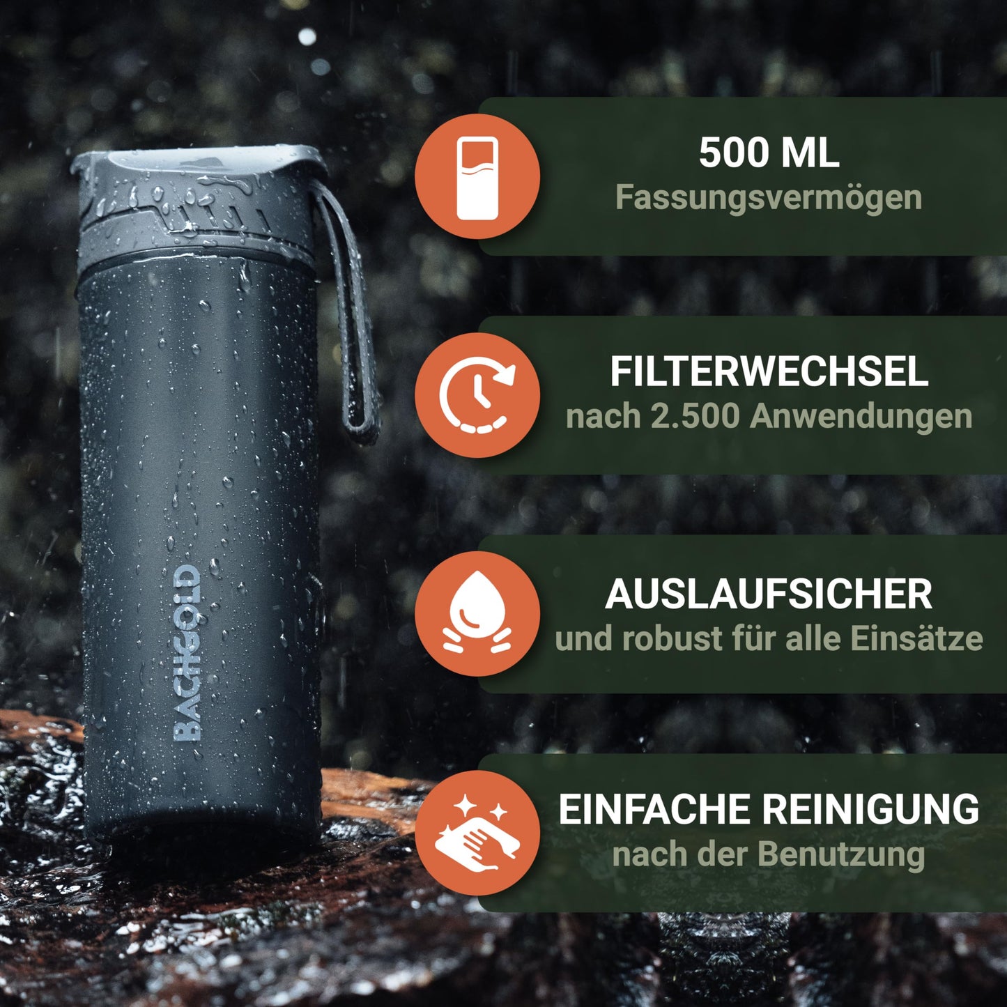 Bachgold Profi Outdoor Wasserfilter Flasche mit 1500L Filterkapazität I entfernt 99,99% aller Bakterien und filtert Viren, Partikel und Schwermetalle I Schwarz