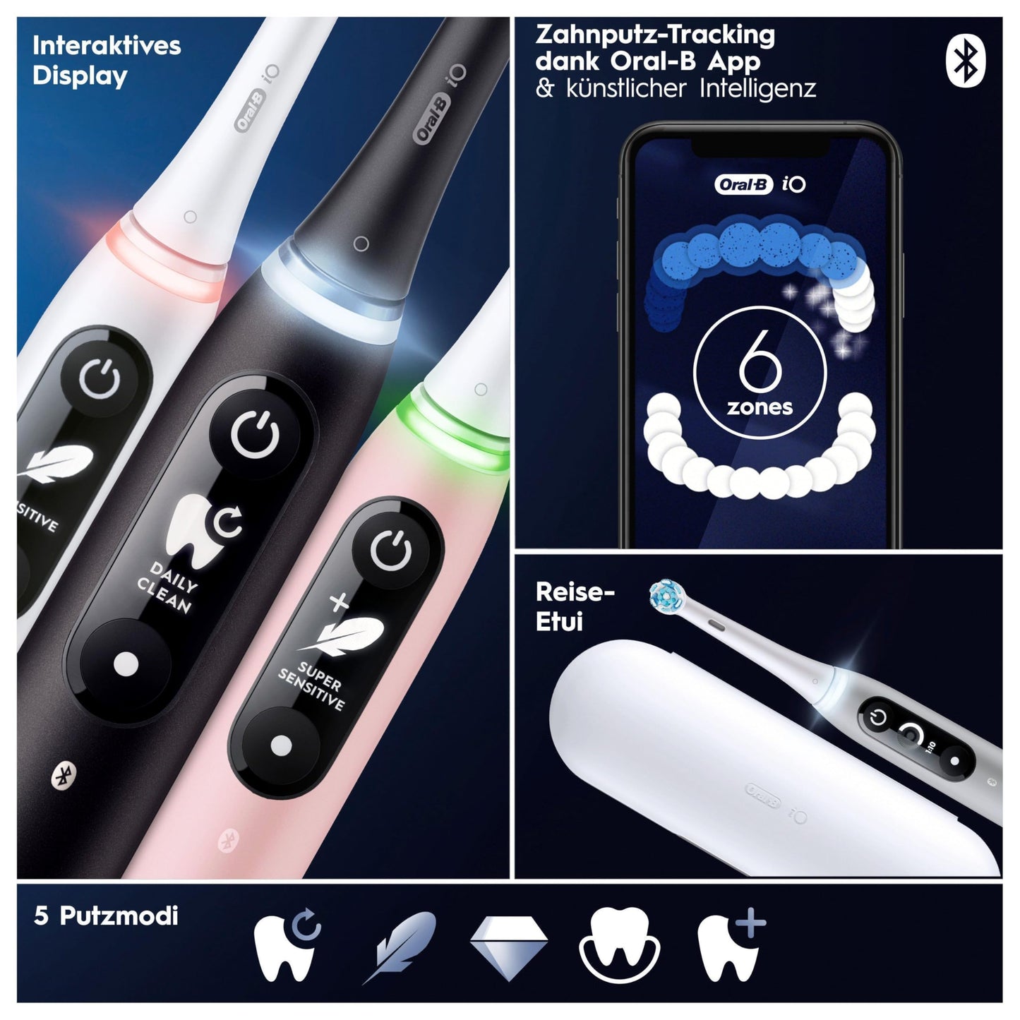 Oral-B iO Series 6 Plus Edition Elektrische Zahnbürste/Electric Toothbrush, PLUS 3 Aufsteckbürsten, 5 Putzmodi für Zahnpflege, Reiseetui, Designed by Braun, Grey Opal