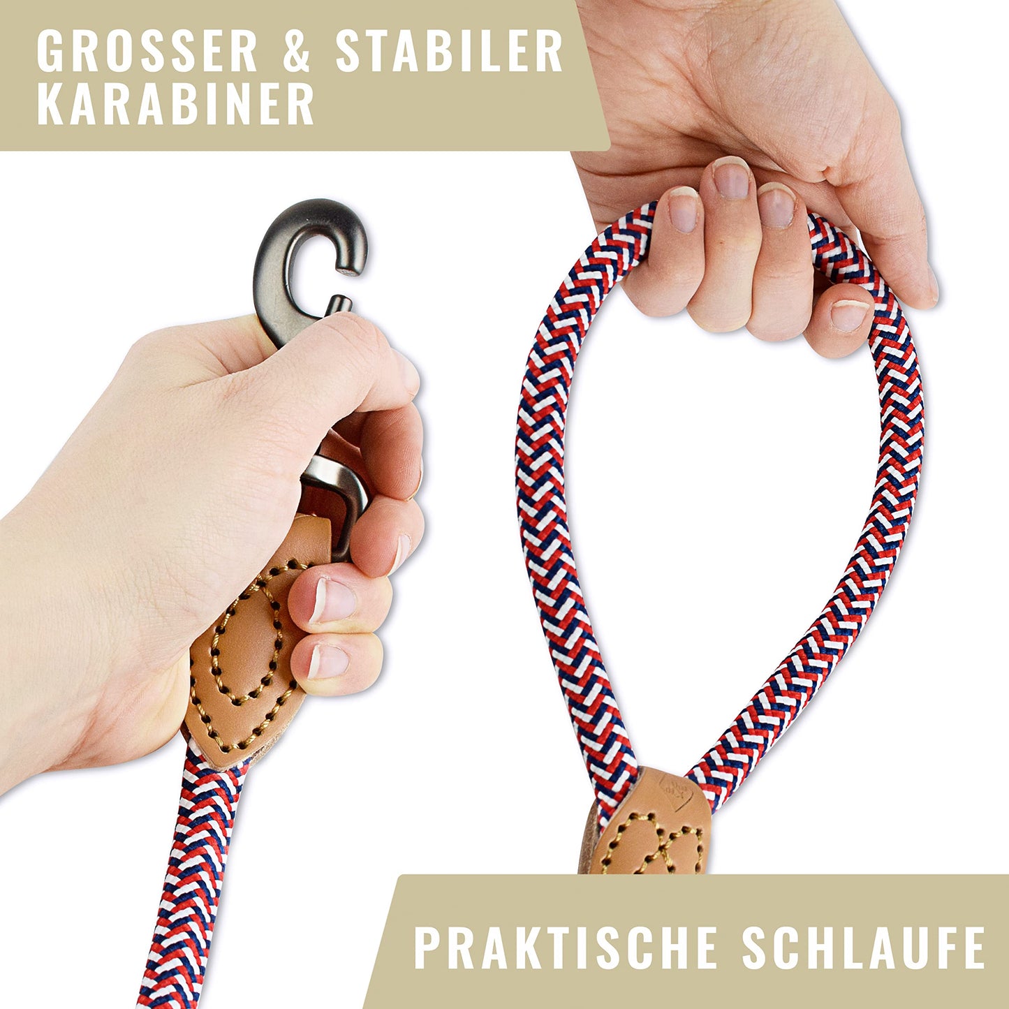 ne&no® Hundeleine (blau/weiß/rot) Tauleine für Hunde I Trainingsleine für Hunde I Führleine rund, geflochten I Handschlaufe Seilleine Hund I Cityleine I 1.2m Dog Leash