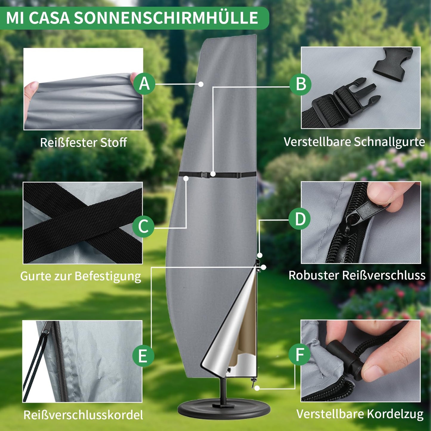 MI CASA Sonnenschirm Schutzhülle, Sonnenschirmhülle Schutzhülle für Sonnenschirm 2 bis 3 M, Ampelschirm Schutzhülle Ampelschirm Hülle Gartenschirm Abdeckung, Wasserdiht und UV-Anti (265x40x70/50cm)