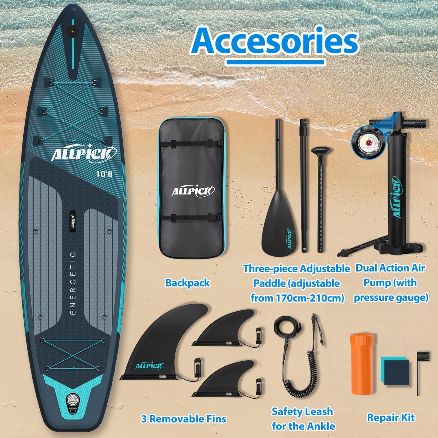 ALLPICK Premium SUP Board Set, Stand Up Paddling Board Aufblasbar, Mit Universal Kamerahalterung, Komplettes Zubehör, Verstellbares Paddel, Anfänger, Fortgeschrittene, 180kg (Premium-Grün)