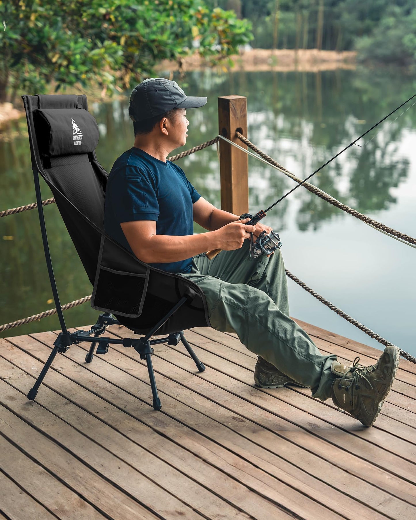 OneTigris DRAGONHIDE Campingstuhl Hochlehner faltbar 125 kg, Klappstuhl Camping leicht, Angelstuhl klappbar mit 2 Seitentaschen, Faltstuhl Ultraleicht für Outdoor, Wandern(Schwarz)