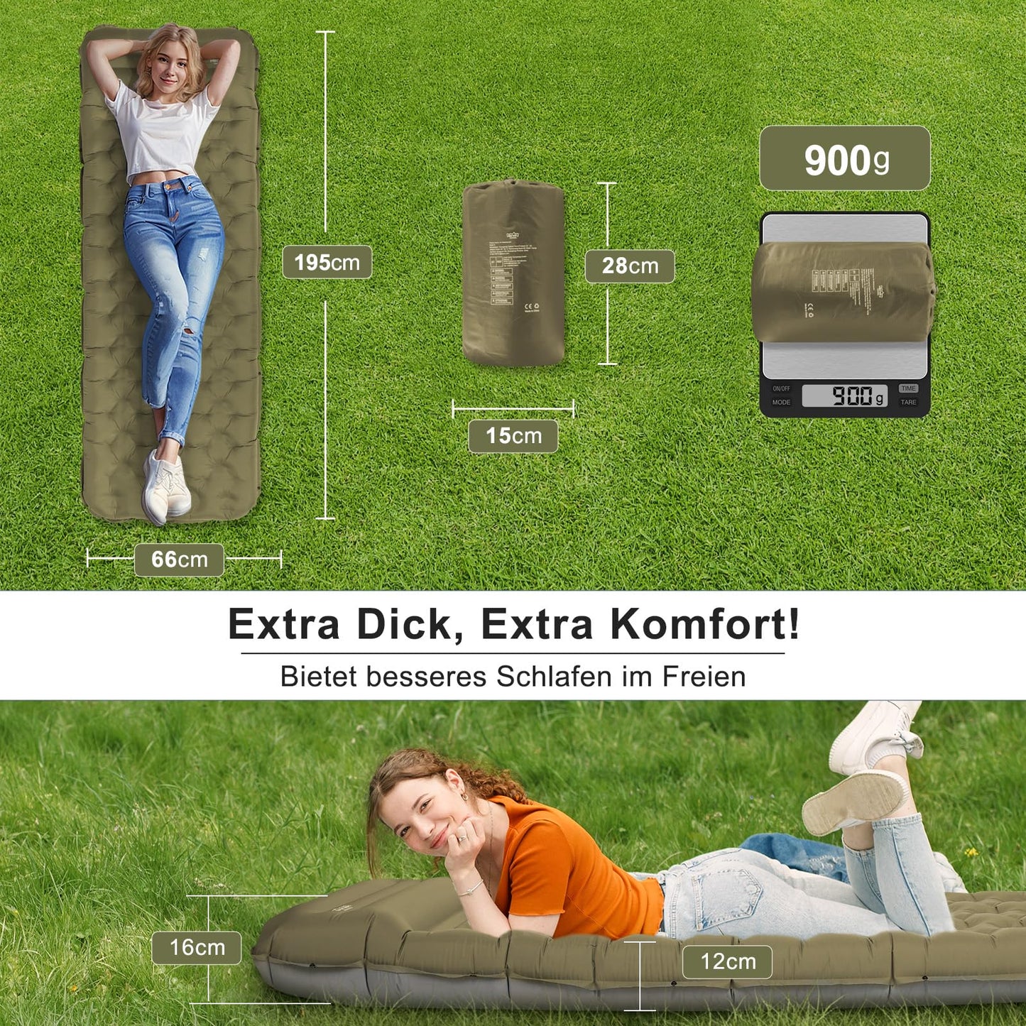 NIKYPJ Isomatte Selbstaufblasend【Benötigt Fußinflation】, 12cm Luftmatratze Camping, Aufblasbare Isomatte Ultraleicht Wasserfest mit Kissen für Wandern, Draussen, Camping, Reisen