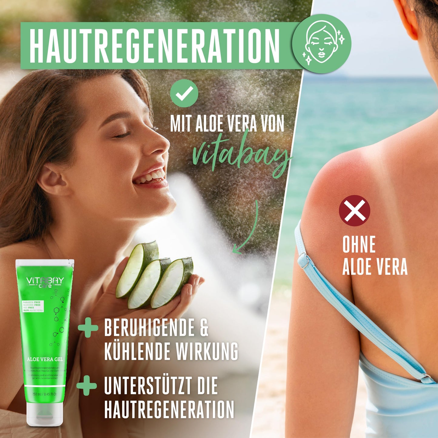 Vitabay Aloe Vera Gel 100 Prozent (99.9%) 250ml - Aloe Vera After Sun Lotion Gesicht Sonnenbrand - Aloe Vera Gesichtscreme Herren Naturkosmetik - Aloe Vera Saft Salbe Feuchtigkeitscreme Gesicht Männer
