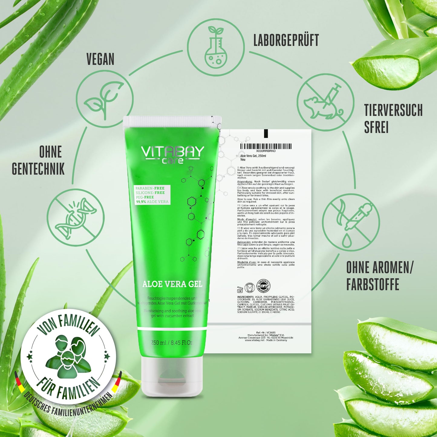 Vitabay Aloe Vera Gel 100 Prozent (99.9%) 250ml - Aloe Vera After Sun Lotion Gesicht Sonnenbrand - Aloe Vera Gesichtscreme Herren Naturkosmetik - Aloe Vera Saft Salbe Feuchtigkeitscreme Gesicht Männer