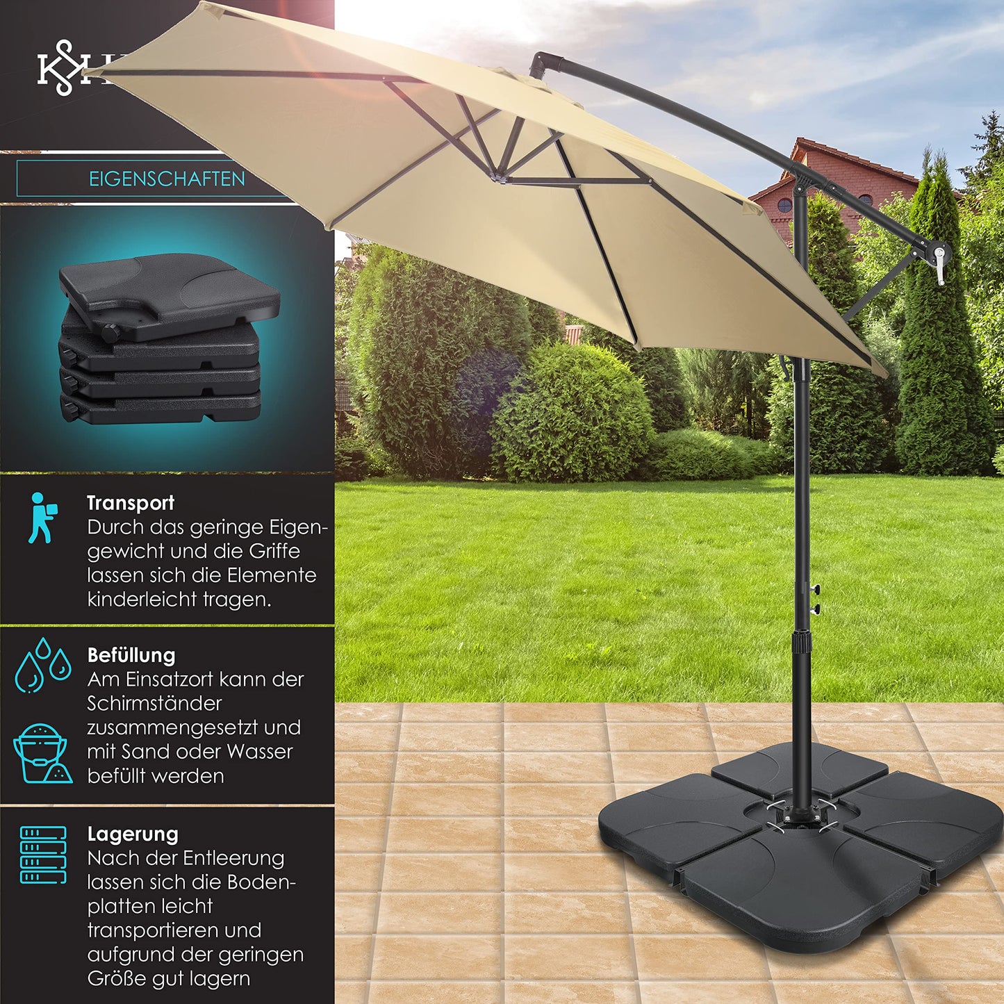KESSER® Sonnenschirmständer 4-teilig Schirmgewicht Schirmständer für Ampelschirm Bodenkreuz 60 Liter / 80 kg befüllbar mit Wasser oder Sand Inkl. Metallverbinder Ampelschirmständer Kunststoff,