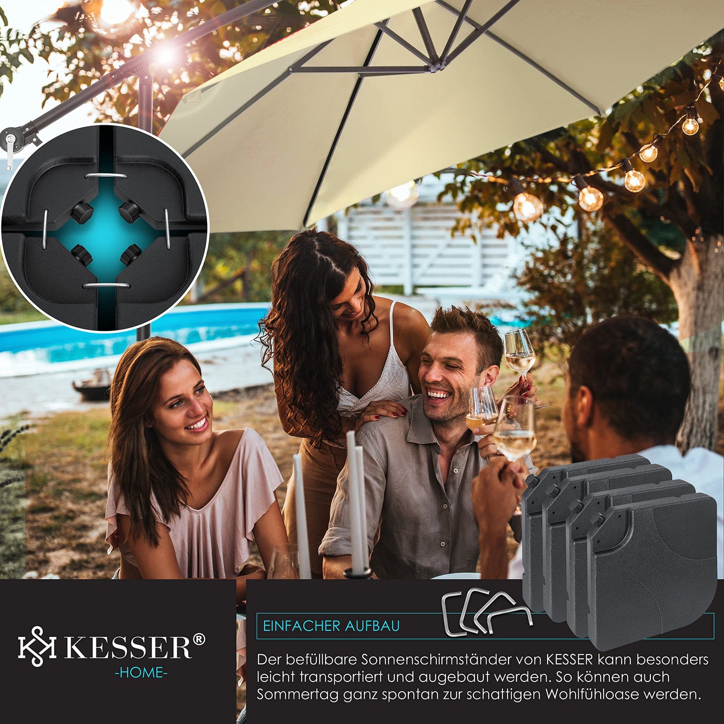 KESSER® Sonnenschirmständer 4-teilig Schirmgewicht Schirmständer für Ampelschirm Bodenkreuz 60 Liter / 80 kg befüllbar mit Wasser oder Sand Inkl. Metallverbinder Ampelschirmständer Kunststoff,