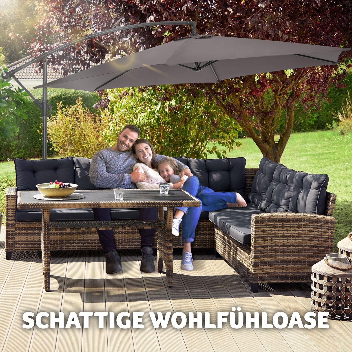 tectake Sonnenschirm mit Ständer, Ø 350 cm, Sonnenschutz für Balkon, Garten und Terrasse inkl. Schutzhülle, Ampelschirm groß mit Kurbel-Seilsystem, Schirm mit stabilem Gestell - grau