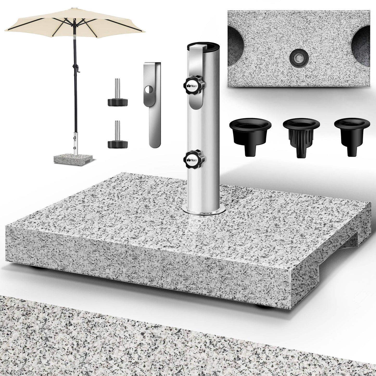 tillvex® Granit Sonnenschirmständer mit Transportgriff 27 kg Rechteckig | Schirmständer Sonnenschirm mit Edelstahlrohr | Balkonschirmständer für Schirmstöcke 16-48 mm & 300 cm Schirmdurchmesser