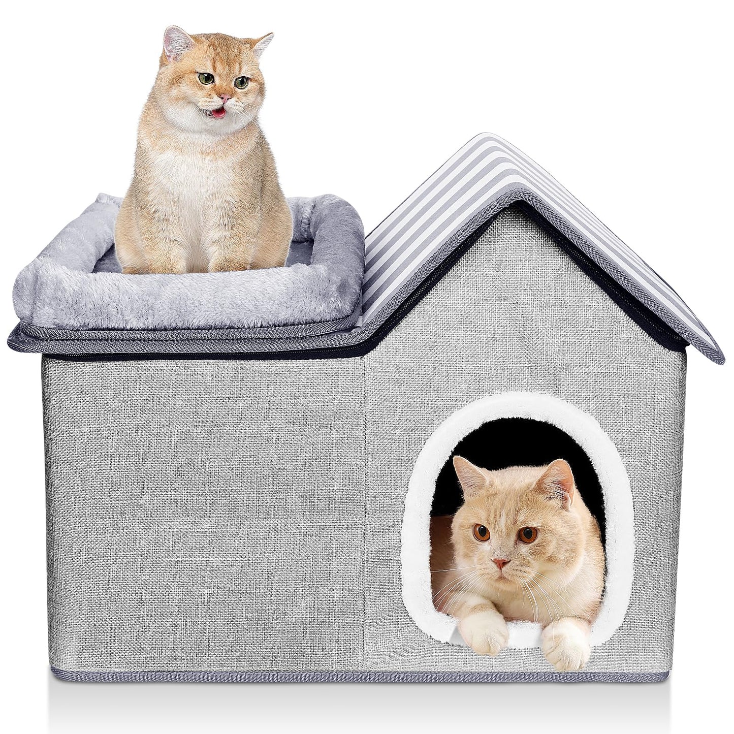 HEVOL Katzenhaus, Katzenhöhle Outdoor, Warm Hundehöhle, Abnehmbar Hundehütte mit Waschbarem Kissen und Plattform, Katzenhöhle für Draußen, Katzenhaus Höhle für Kleine und Mittlere Haustiere