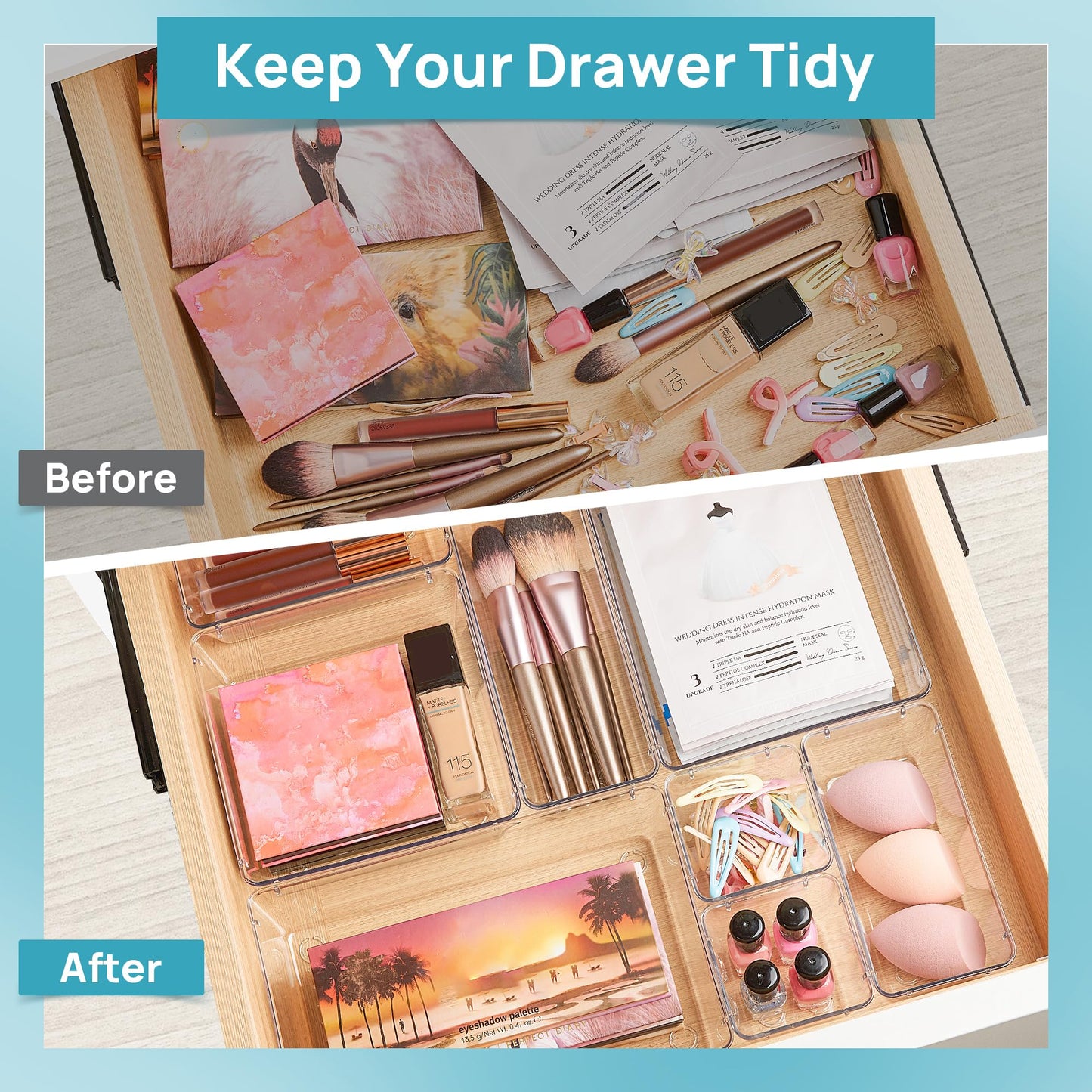 Vtopmart 44 Stücke Schminktisch Organizer mit 4 Größen, Schubladen Organizer, Schubladen Ordnungssystem für Makeup, Küchen, Badezimmer, Büro