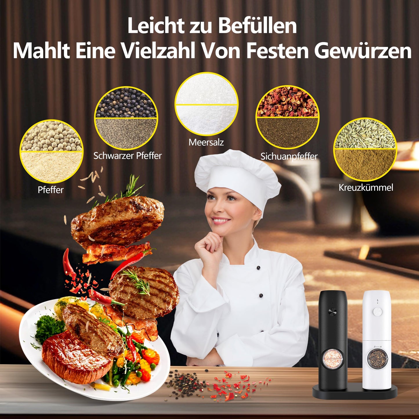BGFOX Salz und Pfeffer Mühle Elektrisch 2er Set mit einstellbarem Keramik-Mahlwerk von grob bis fein, Gewürzmühlenset Automatisch mit Basis LED-Licht Type-c Reinigungspinsel (2 Stück) (Schwarz-Weiß)
