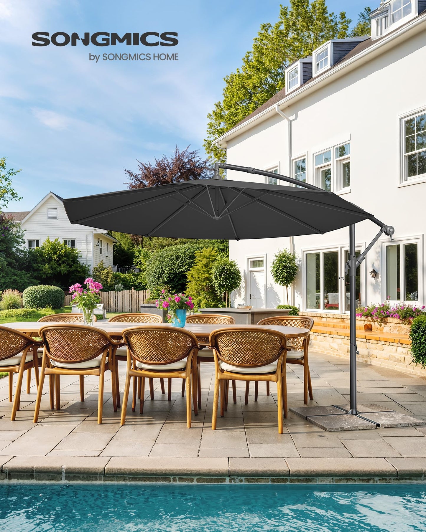 SONGMICS Sonnenschirm, Ampelschirm 300 cm d, mit Ständer, Sonnenschutz Balkon, Balkonschirm, UV-Schutz UPF 50+, mit Kurbel zum Öffnen und Schließen, für Terrasse, Garten, grau GPU116G01