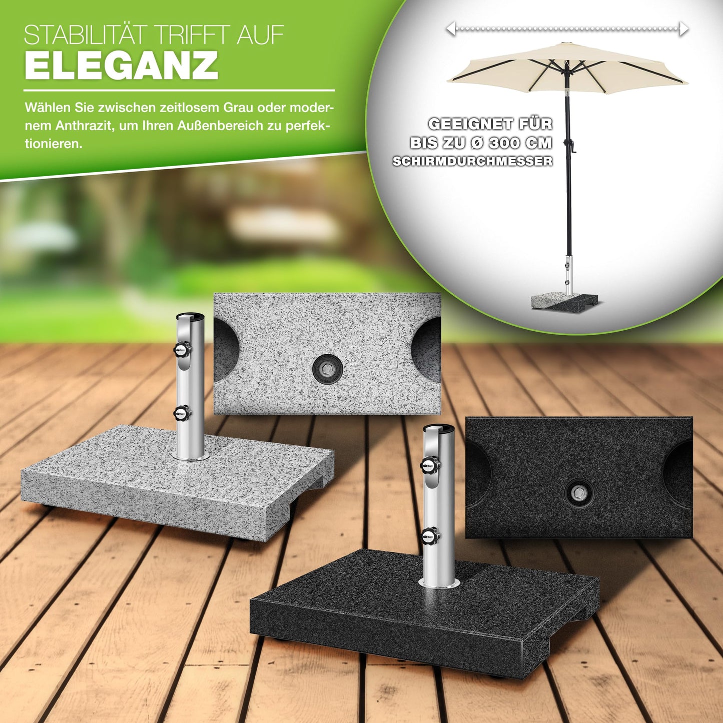 tillvex® Granit Sonnenschirmständer mit Transportgriff 27 kg Rechteckig | Schirmständer Sonnenschirm mit Edelstahlrohr | Balkonschirmständer für Schirmstöcke 16-48 mm & 300 cm Schirmdurchmesser