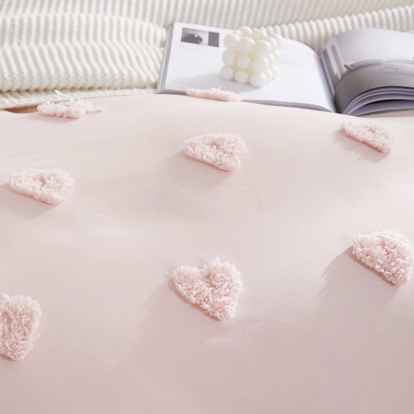 Freyamy Boho Bettwäsche 135x200cm 2teilig Rosa Getuftet Herz Böhmen Bettwäsche Stickerei Shabby Chic Bettwaren-Sets Microfaser Weiche Bettbezug mit Reißverschluss und Kissenbezug 80x80cm