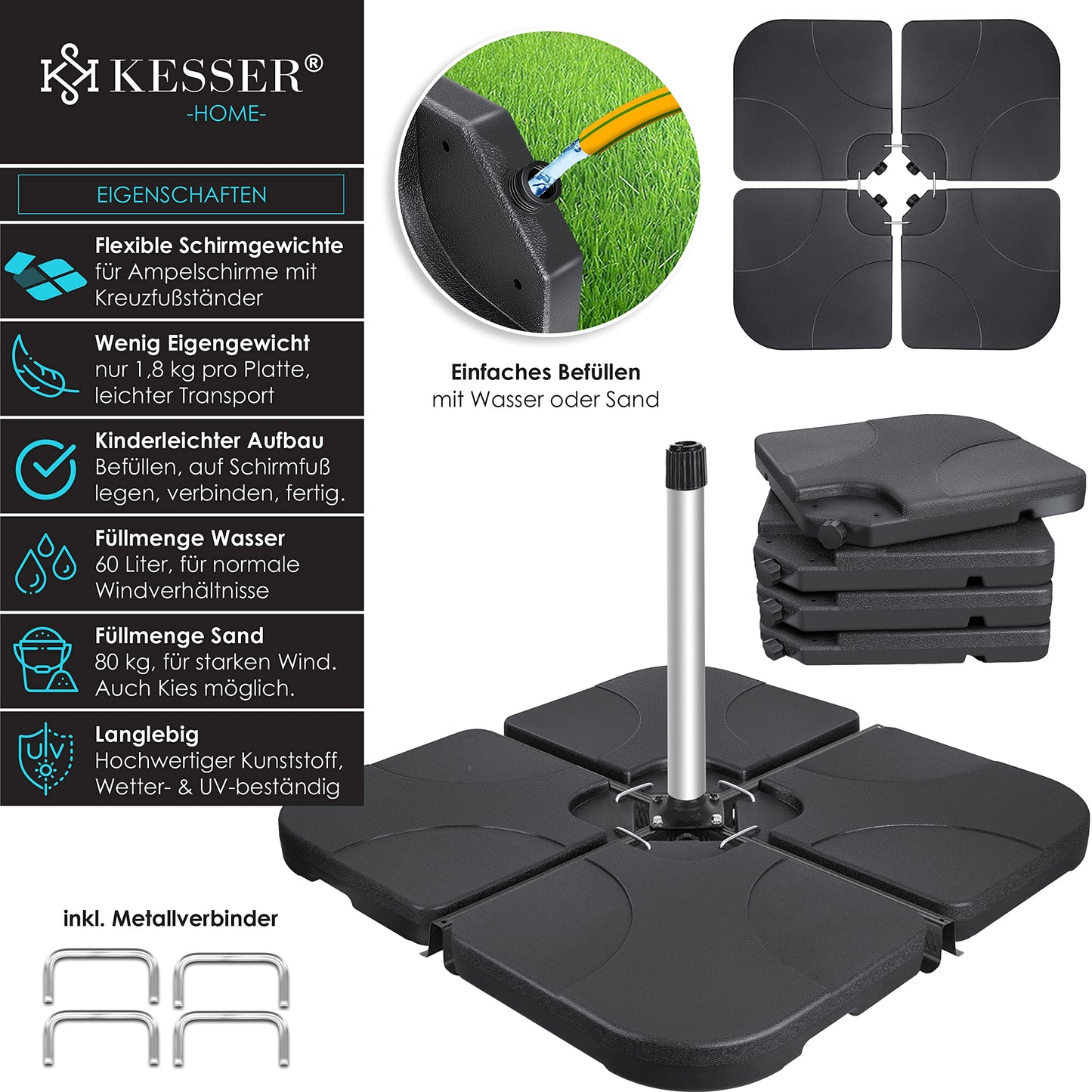 KESSER® Sonnenschirmständer 4-teilig Schirmgewicht Schirmständer für Ampelschirm Bodenkreuz 60 Liter / 80 kg befüllbar mit Wasser oder Sand Inkl. Metallverbinder Ampelschirmständer Kunststoff,
