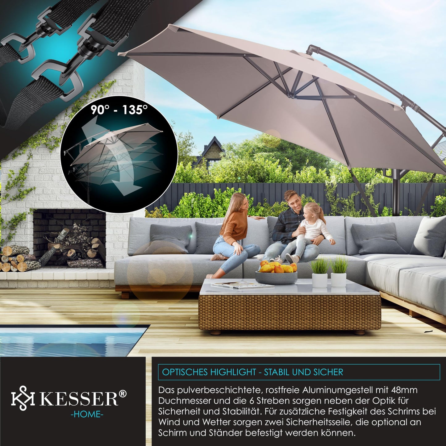 KESSER® Alu Ampelschirm Sonnenschirm + Abdeckung Ø350 cm & Kurbelvorrichtung Kurbelschirm mit Ständer UV-Schutz Aluminium Wasserabweisende Bespannung 360° Funktion Garten-Schirm Marktschirm Taupe