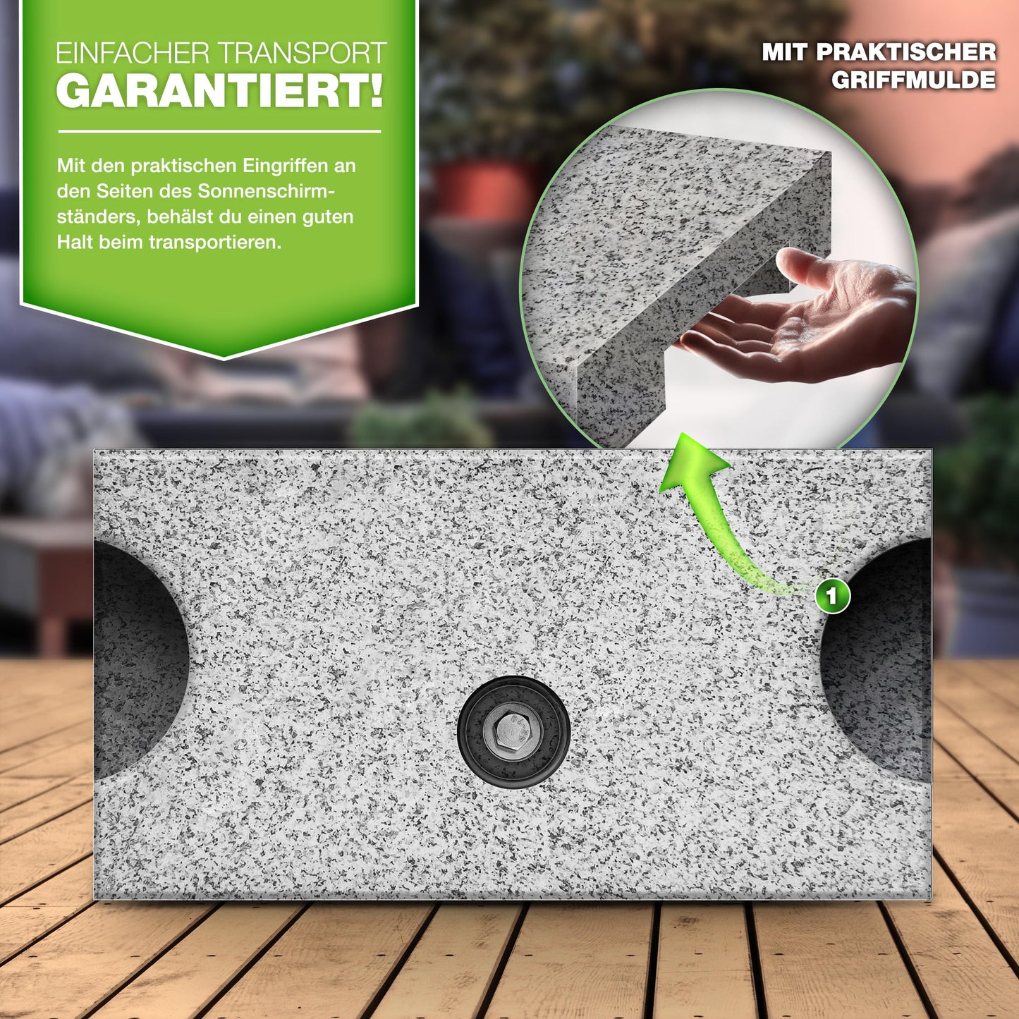 tillvex® Granit Sonnenschirmständer mit Transportgriff 27 kg Rechteckig | Schirmständer Sonnenschirm mit Edelstahlrohr | Balkonschirmständer für Schirmstöcke 16-48 mm & 300 cm Schirmdurchmesser