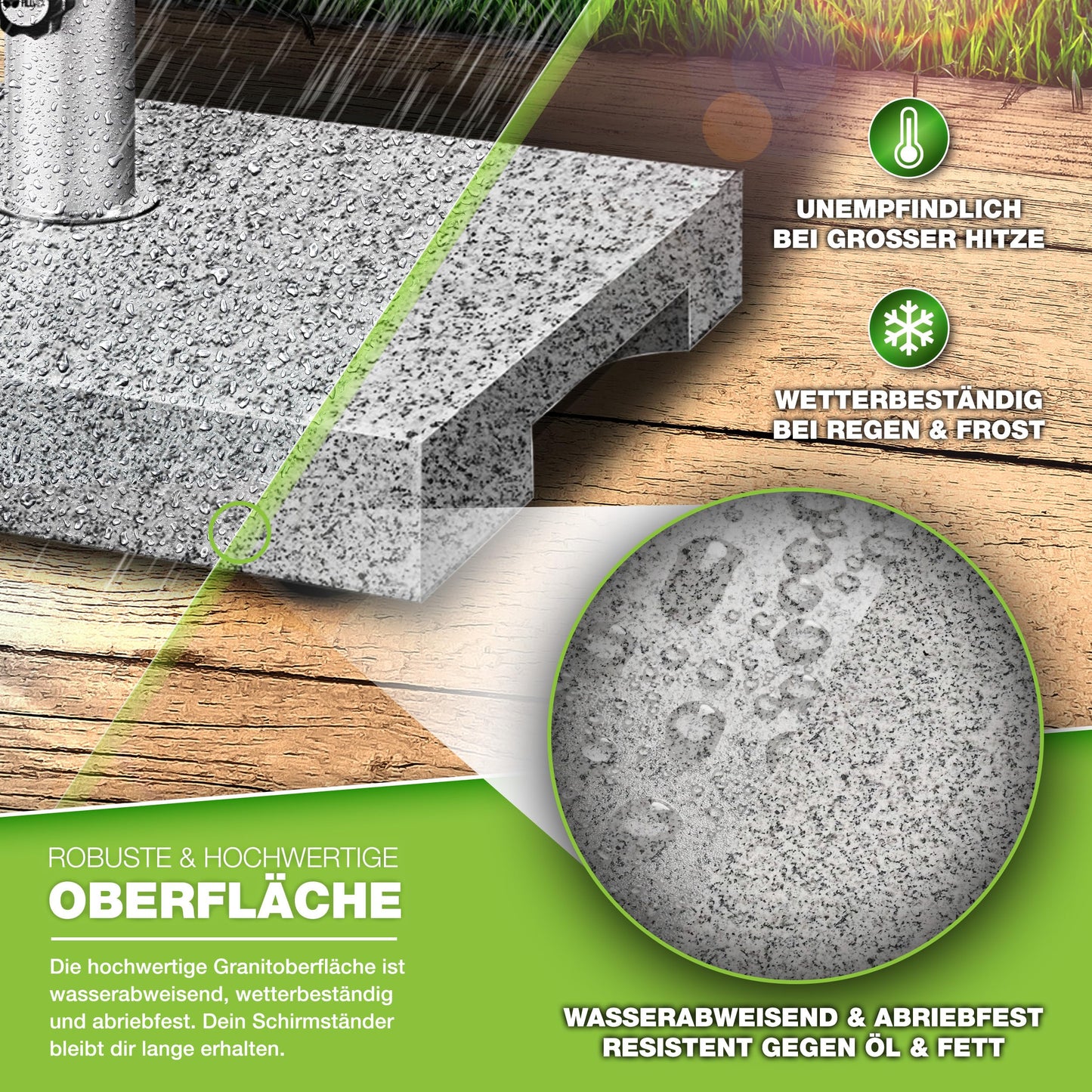 tillvex® Granit Sonnenschirmständer mit Transportgriff 27 kg Rechteckig | Schirmständer Sonnenschirm mit Edelstahlrohr | Balkonschirmständer für Schirmstöcke 16-48 mm & 300 cm Schirmdurchmesser