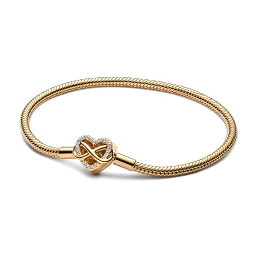PANDORA Moments Schlangen-Gliederarmband mit Funklendem Unendlichkeits-Herzverschluss aus 14 Karat vergoldetem Sterling-Silber mit Zirkonia, Kompatibel Moments, Größe: 18 cm, 563758C01-18