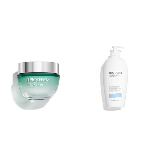 Biotherm Pflege-Duo mit Lait Corporel L'Original Körperlotion 400 ml & Aquasource Hyalu Plump Gel 50 ml, Feuchtigkeitspflege mit Life Plankton & Hyaluronsäure für strahlende, geschmeidige Haut