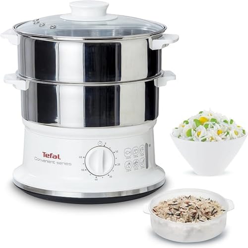 Tefal Dampfgarer elektrisch, 2 Edelstahlbehälter, 6L Fassungsvermögen, Dampfkocher mit 24cm Durchmesser, Timer und automatische Abschaltung, 900W, weiß, VC1451
