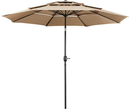 Yaheetech Sonnenschirm mit 3-lagigem Dach Φ 324 cm Neigbarer Gartenschirm UV-Schutz belüftet Marktschirm Outdoor Schirm Rund Sonnenschutz für Garten/Balkon/Terrasse/Strand, Hellbraun