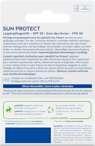 Labello Sun Protect LSF 50, wasserfeste Lippenpflege mit hohem Sonnenschutz, mineralölfreie Lippenpflege mit Sheabutter, Vitaminen & natürlichen Ölen (4,8 g)