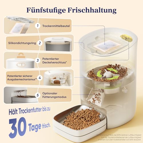 Pawsync Smart Futterautomat, 3 Stück, Farbwechselnde Erinnerung, Haustierfutter-Trockenmittel hält Futter trocken & frisch, bis zu 3 Monate, App-Benachrichtigungen