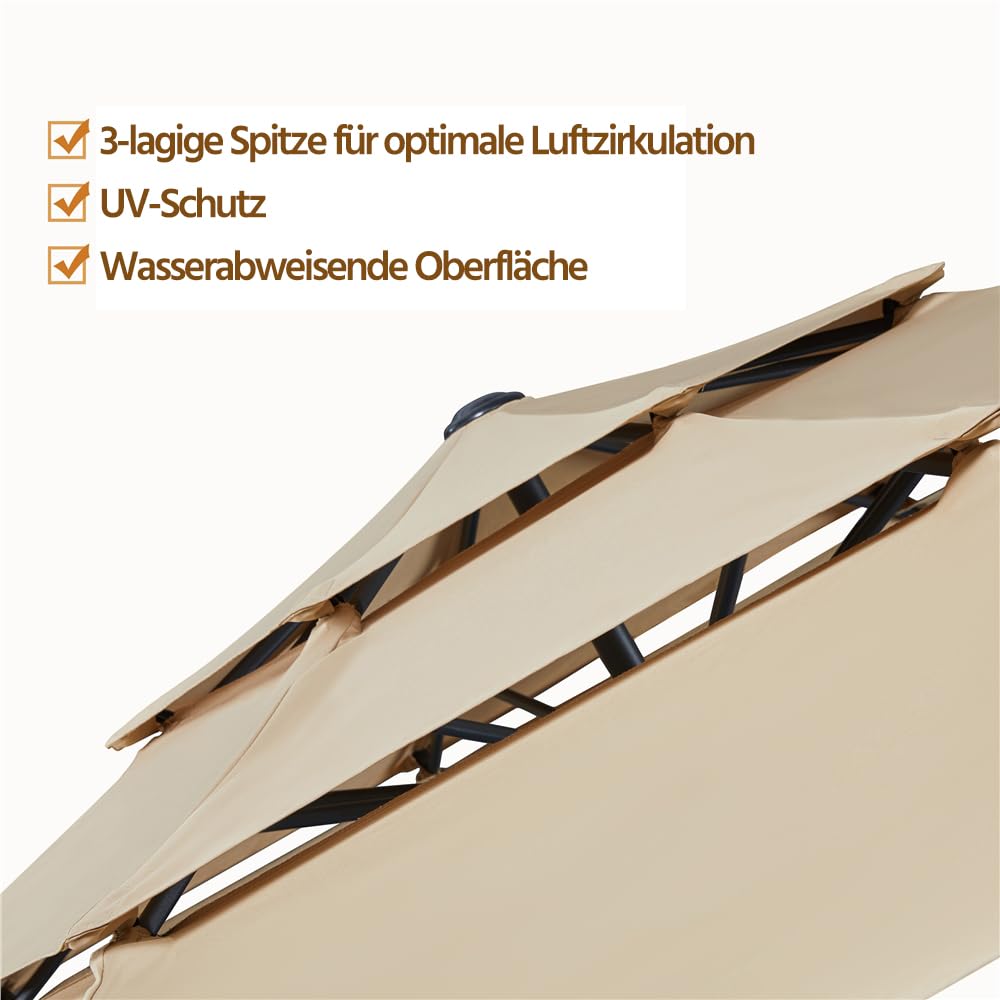 Yaheetech Sonnenschirm mit 3-lagigem Dach Φ 324 cm Neigbarer Gartenschirm UV-Schutz belüftet Marktschirm Outdoor Schirm Rund Sonnenschutz für Garten/Balkon/Terrasse/Strand, Hellbraun