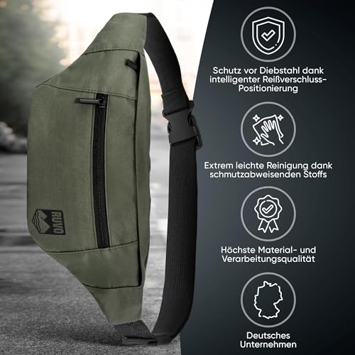 RUVO® Bauchtasche Herren und Damen | stylische Gürteltasche für maximalen Stauraum | 4 Fächer jeweils mit Reißverschluss | für alle Aktivitäten geeignet
