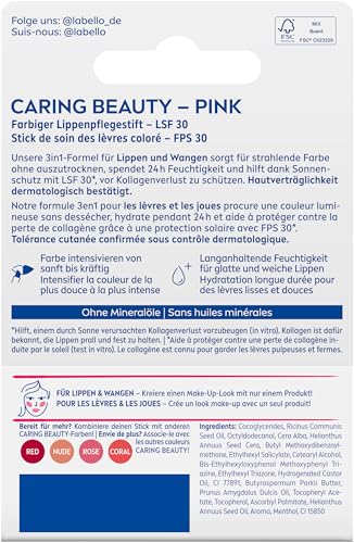 Labello Caring Beauty Pink Lippenpflegestift mit Farbe und Sonnenschutz, farbige Lippenpflege mit LSF 30, Vitamin E und Bio-Mandelöl, Lippenbalsam für Lippen und Wangen (4,8 g)