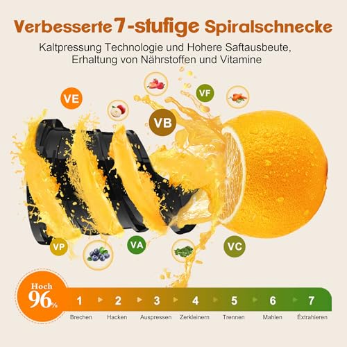 Fretta Slow Juicer Entsafter Gemüse und Obst Testsieger, 250W Edelstahl Saftpresse Elektrisch Obstpresse Kaltpresse Saftmaschine mit 135mm Großem Öffnung, Leicht zu Reinigen, Umkehrfunktion, BPA Frei