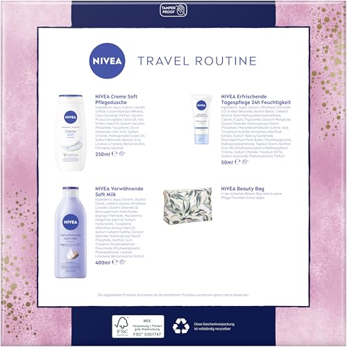 NIVEA Travel Routine Geschenkset, verwöhnendes Pflegeset mit NIVEA Pflege-Favoriten, Geschenkbox mit Pflegedusche, Body Lotion, Gesichtscreme und Kulturbeutel