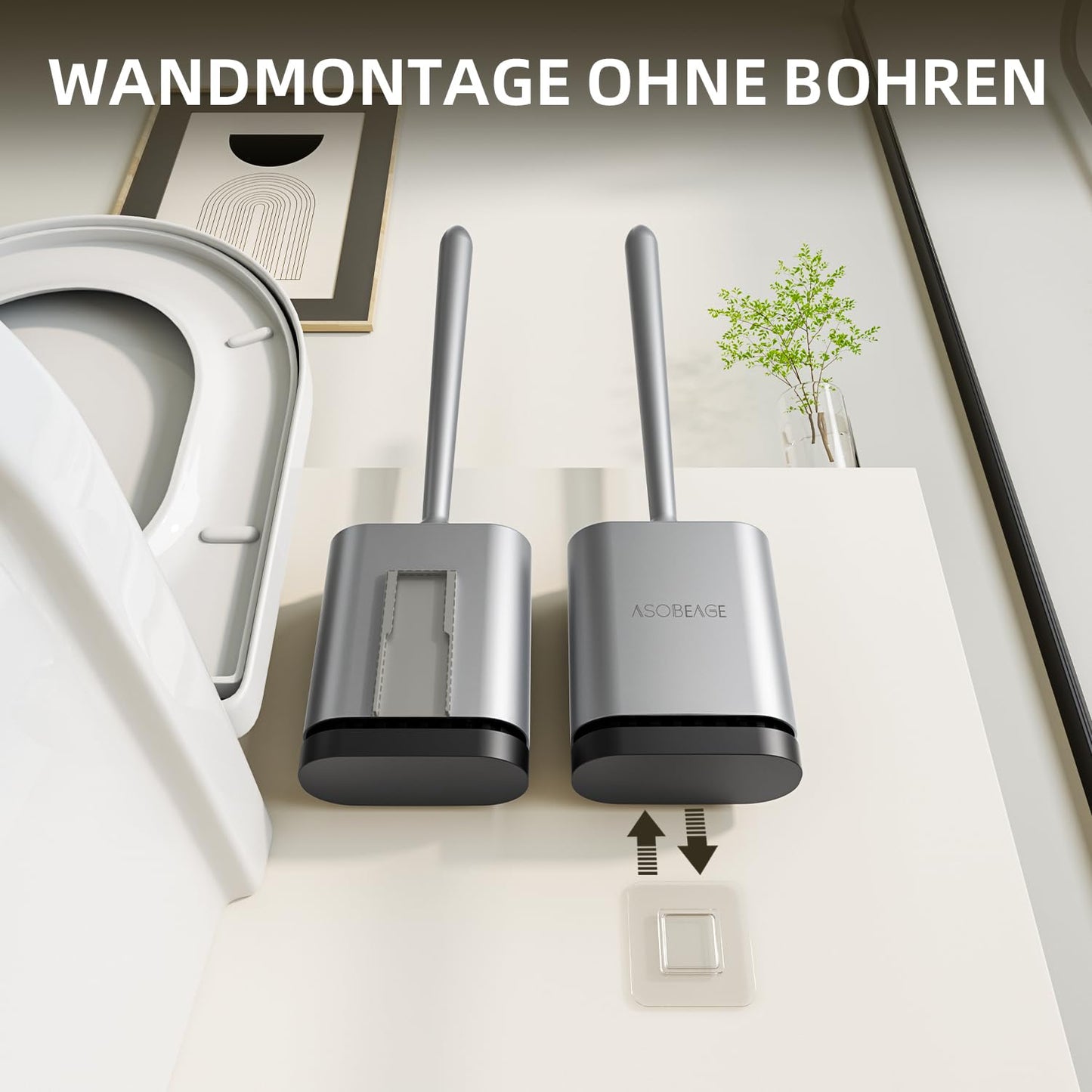 ASOBEAGE Silikon Toilettenbürste: Flexibler Kopf, Langer Griff, Wandmontage, schnell trocknende Halterung für die Reinigung des Badezimmers (Silber)