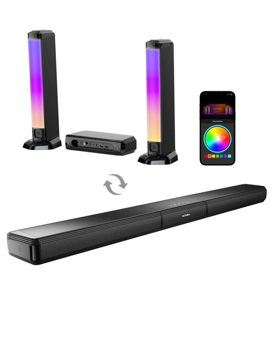 ULTIMEA 5.0ch Soundbar für TV Geräte, Soundbar mit RGB-Beleuchtung für Heimkino, teilbare PC Soundbar mit App-Steuerung, Soundsystem mit verstellbarem EQ, Bluetooth 5.3, HDMI-ARC/Opt/AUX, Apollo S70