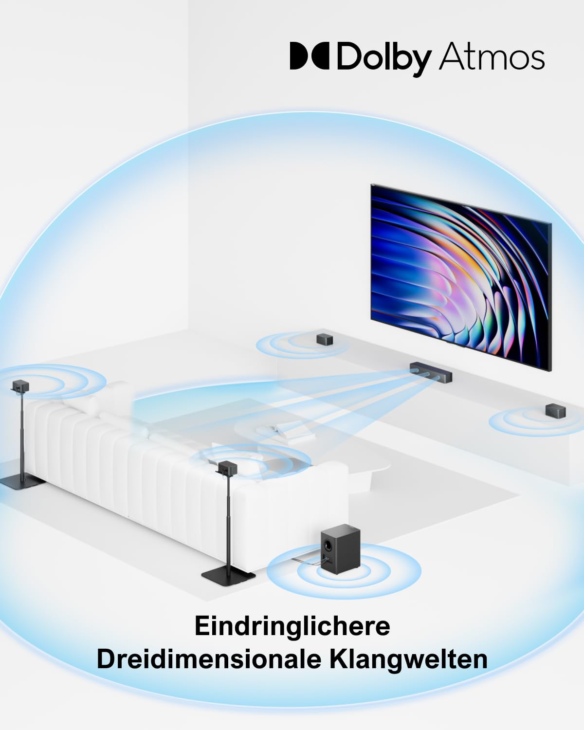 ULTIMEA 7.1 Surround Sound System für TV mit Dolby Atmos, App Steuerung, 4 kabelgebundene Surround-Lautsprecher, 460W Soundbar für Smart TV mit Wireless Subwoofer, Heimkino Sound System, Poseidon D80