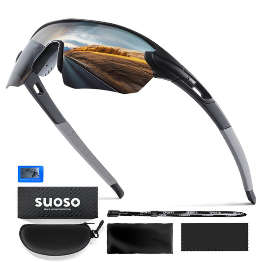 suoso Sportbrille-Fahrradbrille-Herren-Damen-Polarisierte-Sonnenbrille-Sunglasses-Men-Women-UV400 Schutz-Schnelle Brille Rave,a-Schwarz Grau